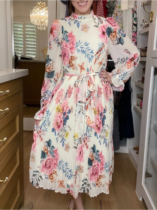 anrabess Dresses & Skirts - {Anrabress} Pleated Floral Long Sleeve Dress in Cream